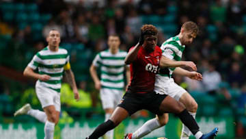 GLASGOW, SCOTLAND - MAY 09: Aaron Tshibola of Kilmarnock vies with Stuart Armstrong of Celtic during the Scottish Premier League between Celtic and Kilmarnock at Celtic Park on May 9, 2018 in Glasgow, Scotland. (Photo by Ian MacNicol/Getty Images)