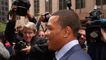 Nov 5, 2014; New York, NY, USA; Suspended NFL running back Ray Rice walks past media as he for his appeal hearing on his indefinite suspension from the NFL. Mandatory Credit: Brad Penner-USA TODAY