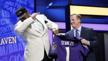 Apr 28, 2016; Chicago, IL, USA; Ronnie Staley (Notre Dame) reacts next to NFL commissioner Roger Goodell after being selected by the Baltimore Ravens as the number six overall pick in the first round of the 2016 NFL Draft at Auditorium Theatre. Mandatory Credit: Kamil Krzaczynski-USA TODAY Sports