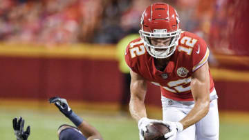 Kansas City Chiefs wide receiver Gehrig Dieter (12) breaks away from Houston Texans defensive back Andre Chachere on a first-down pass reception in the second quarter on Thursday, Aug. 9, 2018, at Arrowhead Stadium in Kansas City, Mo. (John Sleezer/Kansas City Star/TNS via Getty Images)