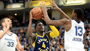 INDIANAPOLIS, IN - OCTOBER 17: Victor Oladipo #4 of the Indiana Pacers shoots the ball during the game against the Memphis Grizzlies at Bankers Life Fieldhouse on October 17, 2018 in Indianapolis, Indiana. NOTE TO USER: User expressly acknowledges and agrees that, by downloading and or using this photograph, User is consenting to the terms and conditions of the Getty Images License Agreement. (Photo by Andy Lyons/Getty Images)