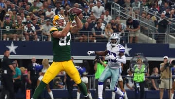 ARLINGTON, TX - OCTOBER 08: Jordy Nelson #87 of the Green Bay Packers goes up for a touchdown pass against the Dallas Cowboys in the third quarter of a football game at AT&T Stadium on October 8, 2017 in Arlington, Texas. (Photo by Tom Pennington/Getty Images)