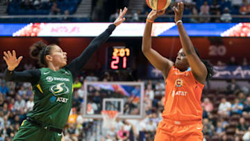 Connecticut Sun guard Shekinna Stricklen (40) shoots over Seattle Storm forward Alysha Clark (32) during the WNBA game between the Seattle Storm and the Connecticut Sun at Mohegan Sun Arena, Uncasville, Connecticut, USA on June 16, 2019. Photo Credit: Chris Poss
