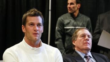 Feb 2, 2015; Phoenix, AZ, USA; New England Patriots quarterback Tom Brady (left) and New England Patriots head coach Bill Belichick during the Super Bowl XLIX-Winning Head Coach and MVP Press Conference at Media Center-Press Conference Room B. Mandatory Credit: Joe Camporeale-USA TODAY Sports