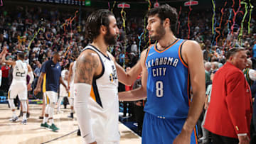 SALT LAKE CITY, UT - OCTOBER 21: Ricky Rubio #3 of the Utah Jazz and Alex Abrines #8 of the Oklahoma City Thunder talk after the game on October 21, 2017 at Vivint Smart Home Arena in Salt Lake City, Utah. NOTE TO USER: User expressly acknowledges and agrees that, by downloading and or using this Photograph, user is consenting to the terms and conditions of the Getty Images License Agreement. Mandatory Copyright Notice: Copyright 2017 NBAE (Photo by David Sherman/NBAE via Getty Images)