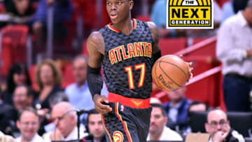 Feb 1, 2017; Miami, FL, USA; Atlanta Hawks guard Dennis Schroder (17) dribbles the ball up court against the Miami Heat during the first half at American Airlines Arena. Miami Heat won 116-93. Mandatory Credit: Steve Mitchell-USA TODAY Sports