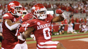 Sep 11, 2021; Fayetteville, Arkansas, USA; Arkansas Razorbacks running back AJ Green (0) celebrates after scoring a touchdown in the fourth quarter against the Texas Longhorns at Donald W. Reynolds Razorback Stadium. Arkansas won 40-21. Mandatory Credit: Nelson Chenault-USA TODAY Sports