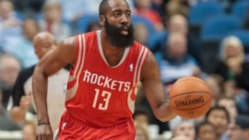 Apr 11, 2014; Minneapolis, MN, USA; Houston Rockets guard James Harden (13) dribbles at Target Center. The Minnesota Timberwolves win 112-110. Mandatory Credit: Brad Rempel-USA TODAY Sports