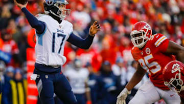 KANSAS CITY, MO - JANUARY 19: Ryan Tannehill #17 of the Tennessee Titans drops back to pass in the second quarter under pressure from Chris Jones #95 of the Kansas City Chiefs in the AFC Championship game at Arrowhead Stadium on January 19, 2020 in Kansas City, Missouri. (Photo by David Eulitt/Getty Images)