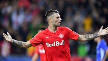 Salzburg's Hungarian midfielder Dominik Szoboszlai celebrates scoring during the UEFA Champions League Group E football match Salzburg v Genk in Salzburg, Austria, on September 17, 2019. (Photo by JOE KLAMAR / AFP) (Photo credit should read JOE KLAMAR/AFP/Getty Images)
