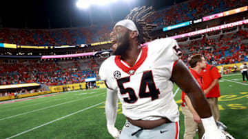 CHARLOTTE, NORTH CAROLINA - SEPTEMBER 04: Justin Shaffer #54 of the Georgia Bulldogs celebrates their win against the Clemson Tigers in the Duke's Mayo Classic at Bank of America Stadium on September 04, 2021 in Charlotte, North Carolina. (Photo by Grant Halverson/Getty Images)