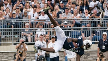 UNIVERSITY PARK, PA - SEPTEMBER 01: Penn State Nittany Lions Wide Receiver Juwan Johnson (84) makes a catch with Appalachian State Mountaineers Defensive Back Clifton Duck (4) defending during the second half of a College Football game between the Appalachian State Mountaineers and the Penn State Nittany Lions on September 1, 2018, at Beaver Stadium, University Park, PA(Photo by Gregory Fisher/Icon Sportswire via Getty Images)