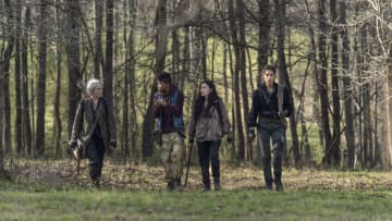 Melissa McBride as Carol Peletier, Angel Theory as Kelly, Christian Serratos as Rosita Espinosa, Nadia Hilker as Magna-The Walking Dead_Season 11, Episode 3-Photo Credit: Josh Stringer/AMC