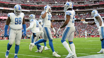 GLENDALE, ARIZONA - DECEMBER 09: Romeo Okwara #95 of the Detroit Lions celebrates a sack with Eli Harold #57 in the first half of the NFL game against the Arizona Cardinals at State Farm Stadium on December 09, 2018 in Glendale, Arizona. (Photo by Jennifer Stewart/Getty Images)