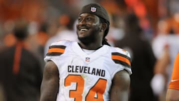 Aug 13, 2015; Cleveland, OH, USA; Cleveland Browns running back Isaiah Crowell (34) in a preseason NFL football game at FirstEnergy Stadium. Mandatory Credit: Ken Blaze-USA TODAY Sports