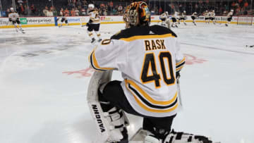 PHILADELPHIA, PA - JANUARY 13: Tuukka Rask #40 of the Boston Bruins looks on during warm-ups against the Philadelphia Flyers on January 13, 2020 at the Wells Fargo Center in Philadelphia, Pennsylvania. (Photo by Len Redkoles/NHLI via Getty Images)