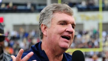 ATLANTA, GA - NOVEMBER 11: Head Coach Paul Johnson of the Georgia Tech Yellow Jackets is interviewed after the game against the Virginia Tech Hokies on November 11, 2017 at Bobby Dodd Stadium in Atlanta, Georgia. (Photo by Scott Cunningham/Getty Images)