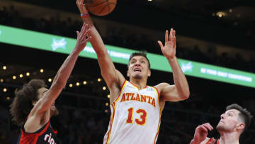 ATLANTA, GA - MARCH 14: Bogdan Bogdanovic #13 of the Atlanta Hawks goes up for a shot during the second half against the Portland Trail Blazers at State Farm Arena on March 14, 2022 in Atlanta, Georgia. NOTE TO USER: User expressly acknowledges and agrees that, by downloading and or using this photograph, User is consenting to the terms and conditions of the Getty Images License Agreement. (Photo by Todd Kirkland/Getty Images)