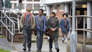Small Axe. Pictured: Ryan Masher as Joseph (left), Kenyah Sandy as Kingsley Smith (middle) and Jairaj Varsani as Sajid (right) in "Education." Photo Credit: Will Robson-Scott / Amazon Prime Video.