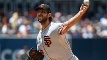 SAN DIEGO, CA - JULY 28: Madison Bumgarner #40 of the San Francisco Giants pitches during the first inning of a baseball game against the San Diego Padres at Petco Park July 28, 2019 in San Diego, California. (Photo by Denis Poroy/Getty Images)