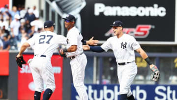 Giancarlo Stanton, Aaron Judge, and Aaron Hicks, New York Yankees. (Photo by Al Bello/Getty Images)