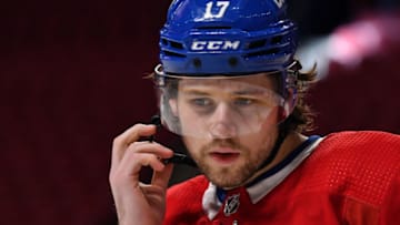 MONTREAL, QC - JANUARY 29: Josh Anderson #17 of the Montreal Canadiens adjusts his helmet during the third period against the Edmonton Oilers at Centre Bell on January 29, 2022 in Montreal, Canada. The Edmonton Oilers defeated the Montreal Canadiens 7-2. (Photo by Minas Panagiotakis/Getty Images)