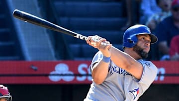 ANAHEIM, CA - JUNE 24: Kendrys Morales #8 of the Toronto Blue Jays hits the game winning home run in the tenth inning against the Los Angeles Angels of Anaheim at Angel Stadium on June 24, 2018 in Anaheim, California. (Photo by Jayne Kamin-Oncea/Getty Images)