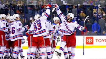 COLUMBUS, OH - NOVEMEBER 10: Fredrik Claesson #33 of the New York Rangers and Mika Zibanejad #93 celebrate after defeating the Columbus Blue Jackets 5-4 in a shootout on November 10, 2018 at Nationwide Arena in Columbus, Ohio. (Photo by Kirk Irwin/Getty Images)