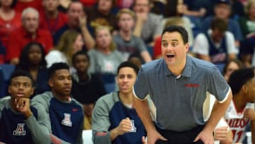 Nov 27, 2015; Fullerton , CA, USA; Arizona Wildcats head coach Sean Miller reacts from the sidelines against the Providence Friars during the second half at Titan Gym. Mandatory Credit: Jake Roth-USA TODAY Sports