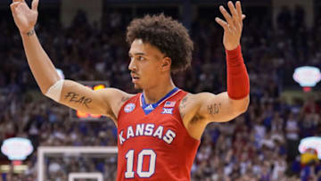 Feb 28, 2023; Lawrence, Kansas, USA; Kansas Jayhawks forward Jalen Wilson (10) celebrates toward fans against the Texas Tech Red Raiders during the first half at Allen Fieldhouse. Mandatory Credit: Denny Medley-USA TODAY Sports