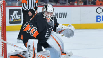 PHILADELPHIA, PENNSYLVANIA - NOVEMBER 23: Calvin Pickard #33 of the Philadelphia Flyers looks on against the New York Rangers at Wells Fargo Center on November 23, 2018 in Philadelphia, Pennsylvania. The Flyers won 4-0. (Photo by Drew Hallowell/Getty Images)