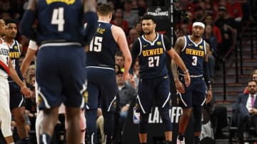 PORTLAND, OR - MAY 5: Jamal Murray (27) of the Denver Nuggets speaks to Nikola Jokic (15) during the first quarter against the Portland Trail Blazers on Sunday, May 5, 2019. The Denver Nuggets and the Portland Trail Blazers game four of their second round NBA playoff series at the Moda Center in Portland. (Photo by AAron Ontiveroz/MediaNews Group/The Denver Post via Getty Images)