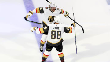 Nate Schmidt #88 of the Vegas Golden Knights is congratulated by his teammate Jon Merrill #15. (Photo by Bruce Bennett/Getty Images)