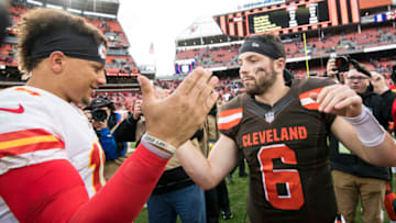 Nov 4, 2018; Cleveland, OH, USA; Kansas City Chiefs quarterback Patrick Mahomes (15) and Cleveland Browns quarterback Baker Mayfield (6) shake hands after the game at FirstEnergy Stadium. Mandatory Credit: Ken Blaze-USA TODAY Sports