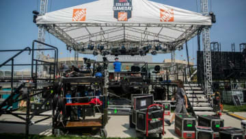 Crews set up stages, screens and scaffolding for ESPN’s “College GameDay” weekly football show, on Thursday, Sep. 9, 2021, outside of Jack Trice Stadium in Ames. The show will air live on Saturday morning.0909 Gameday 002 Jpg