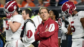 Jan 11, 2016; Glendale, AZ, USA; Alabama Crimson Tide head coach Nick Saban on the field before playing against the Clemson Tigers in the 2016 CFP National Championship at University of Phoenix Stadium. Mandatory Credit: Kirby Lee-USA TODAY Sports