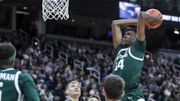 Michigan State forward Xavier Booker (34) goes to the basket against Southern Indiana during the second half at Breslin Center in East Lansing on Thursday, Nov. 9, 2023.