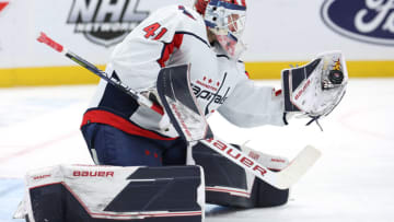 Apr 28, 2022; Elmont, New York, USA; Washington Capitals goaltender Vitek Vanecek (41) makes a save against the New York Islanders during the second period at UBS Arena. Mandatory Credit: Brad Penner-USA TODAY Sports