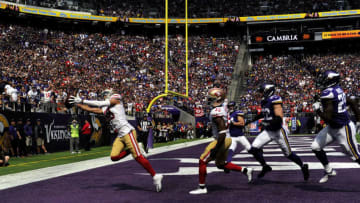 MINNEAPOLIS, MN - SEPTEMBER 09: Dante Pettis #18 of the San Francisco 49ers catches the ball for a touchdown in the third quarter of the game against the Minnesota Vikings at U.S. Bank Stadium on September 9, 2018 in Minneapolis, Minnesota. (Photo by Hannah Foslien/Getty Images)