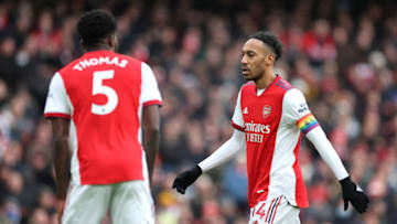 LONDON, ENGLAND - NOVEMBER 27: Pierre-Emerick Aubameyang of Arsenal reacts during the Premier League match between Arsenal and Newcastle United at Emirates Stadium on November 27, 2021 in London, England. (Photo by Richard Heathcote/Getty Images)