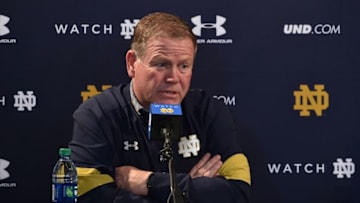 Nov 26, 2016; Los Angeles, CA, USA; Notre Dame Fighting Irish head coach Brian Kelly speaks at the post game press conference following the game against the USC Trojans at the Los Angeles Memorial Coliseum. USC won 45-27. Mandatory Credit: Matt Cashore-USA TODAY Sports