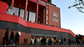 LIVERPOOL, ENGLAND - SEPTEMBER 27: Club Crest on stand before the Carabao Cup Third Round match between Liverpool FC and Leicester City at Anfield on September 27, 2023 in Liverpool, England. (Photo by Will Palmer/Sportsphoto/Allstar via Getty Images)