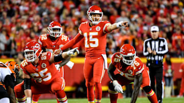 KANSAS CITY, MO - OCTOBER 21: Patrick Mahomes #15 of the Kansas City Chiefs calls out a protection change during the first quarter of the game against the Cincinnati Bengals at Arrowhead Stadium on October 21, 2018 in Kansas City, Kansas. (Photo by Peter Aiken/Getty Images)