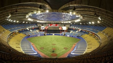 MONTREAL - MAY 24: A general view of the Olympic Stadium prior to the MLB game between the Atlanta Braves and the Montreal Expos May 24, 2004 at Olympic Stadium in Montreal, Canada. (Photo by Charles Laberge/Getty Images)
