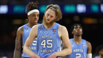 NEW ORLEANS, LOUISIANA - APRIL 04: Brady Manek #45 of the North Carolina Tar Heels reacts in the second half of the game against the Kansas Jayhawks during the 2022 NCAA Men's Basketball Tournament National Championship at Caesars Superdome on April 04, 2022 in New Orleans, Louisiana. (Photo by Jamie Squire/Getty Images)