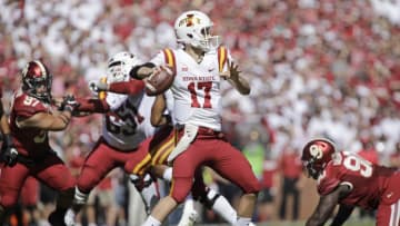 NORMAN, OK - OCTOBER 07: Quarterback Kyle Kempt #17 of the Iowa State Cyclones looks to throw against the Oklahoma Sooners at Gaylord Family Oklahoma Memorial Stadium on October 7, 2017 in Norman, Oklahoma. Iowa State defeated Oklahoma 38-31. (Photo by Brett Deering/Getty Images)