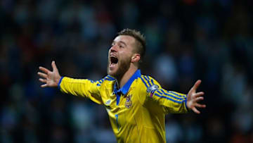 MARIBOR, SLOVENIA - NOVEMBER 17: Andriy Yarmolenko of Ukraine celebrates his goal and qualification during the UEFA EURO 2016 qualifier play-off second leg match between Slovenia and Ukraine at Ljudski Vrt Stadium on November 17, 2015 in Maribor, Slovenia. (Photo by Laurence Griffiths/Getty Images)