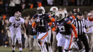 Nov 30, 2013; Auburn, AL, USA; Auburn Tigers cornerback Chris Davis (11) runs the game-winning touchdown against the Alabama Crimson Tide at Jordan Hare Stadium. Mandatory Credit: Shanna Lockwood-USA TODAY Sports