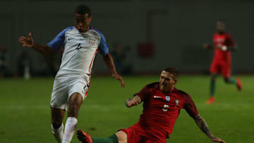 United States of America midfielder Tyler Adams (L) and Portugal defender Antunes (R) during the match between Portugal and United States of America International Friendly at Estadio Municipal de Leiria, on November 14, 2017 in Leiria, Portugal. (Photo by Bruno Barros / DPI / NurPhoto via Getty Images)