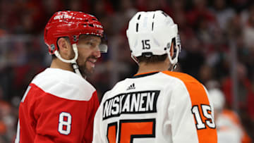 WASHINGTON, DC - FEBRUARY 08: Alex Ovechkin #8 of the Washington Capitals and Matt Niskanen #15 of the Philadelphia Flyers look on at Capital One Arena on February 08, 2020 in Washington, DC. (Photo by Patrick Smith/Getty Images)